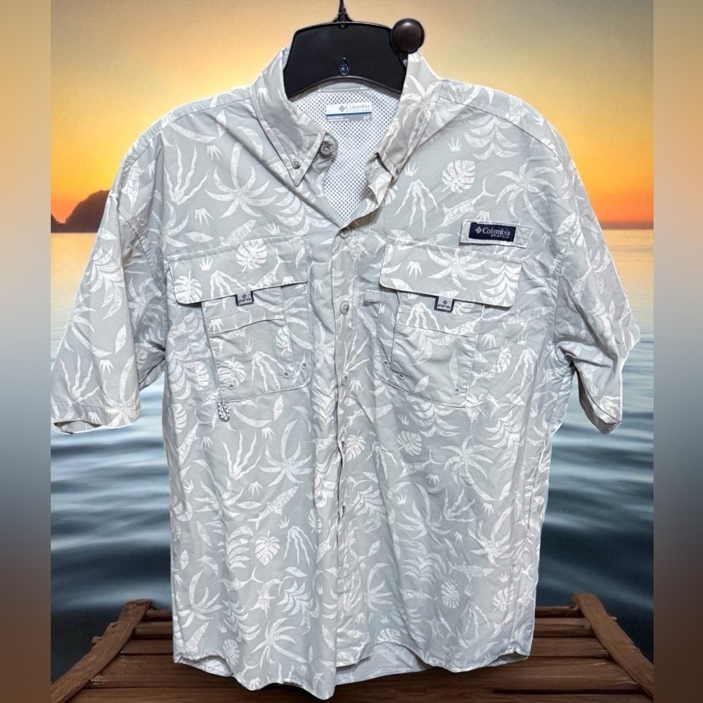 Columbia PFG Green and White Leaf Print Shirt